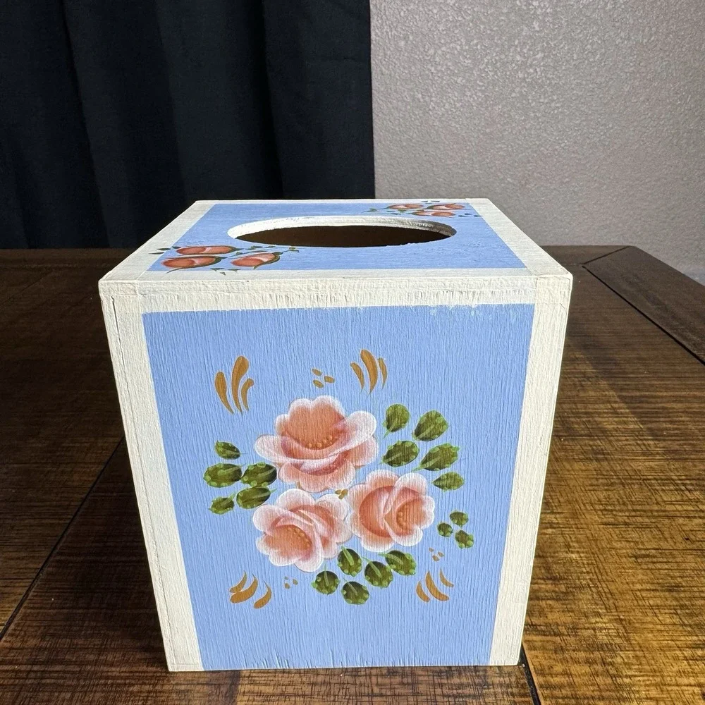 Vintage Hand Painted Tole Wooden Tissue Box Cover Cottage Core Shabby Chic Roses